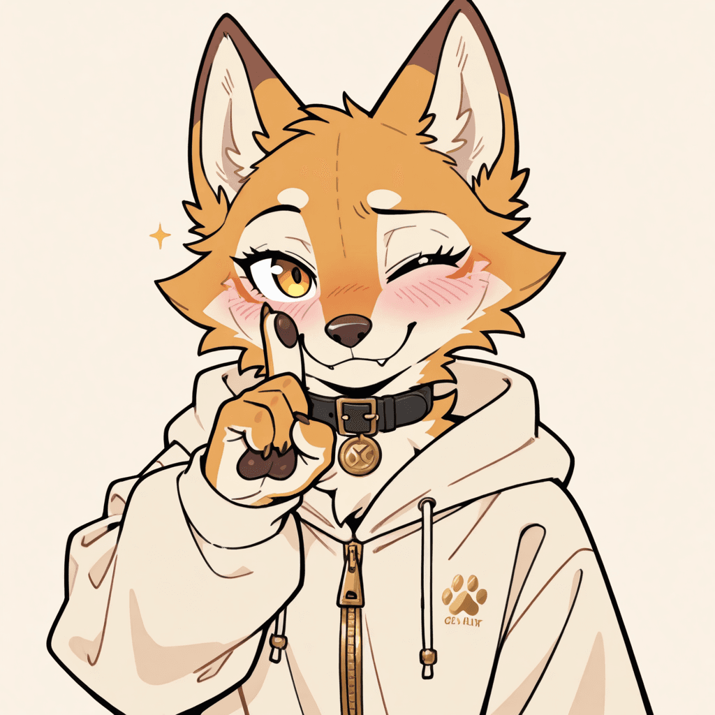 Cartoon fox holding a paw to its muzzle in a shushing gesture, winking