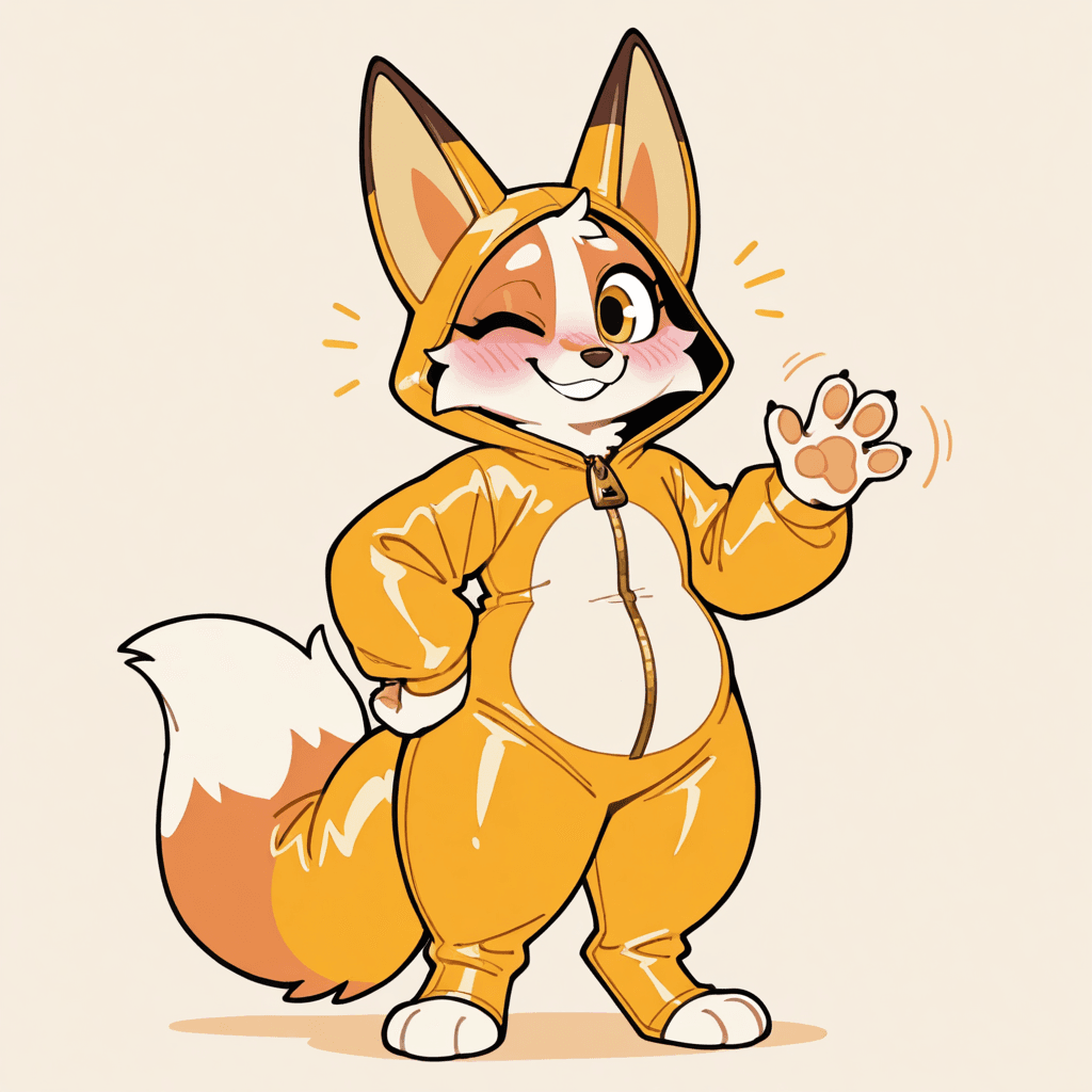 Cartoon fox in a full fursuit, winking and waving, with a zip running down the front