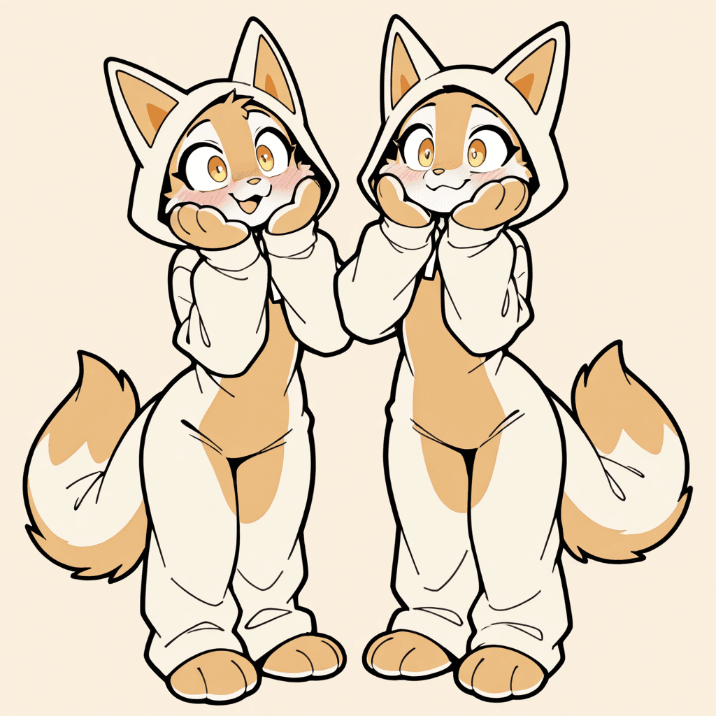 Two cartoon characters in full fursuits, one whispering, the other blushing