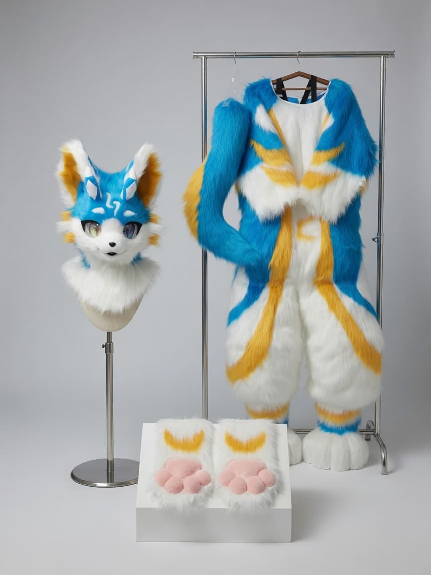 Blue and Gold Wolf Full Fursuit with Heraldic Markings