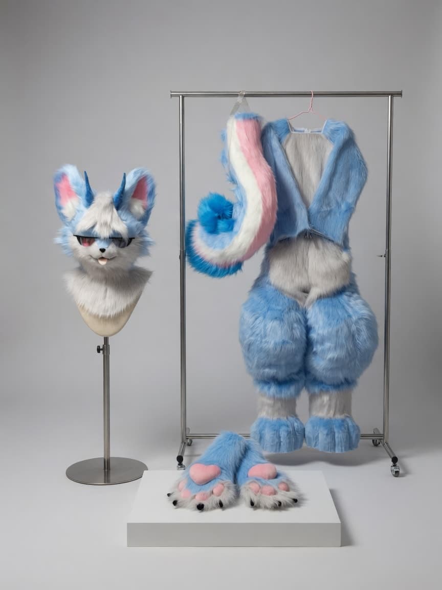 Soft Blue Fox Full Fursuit with Pink Striped Tail