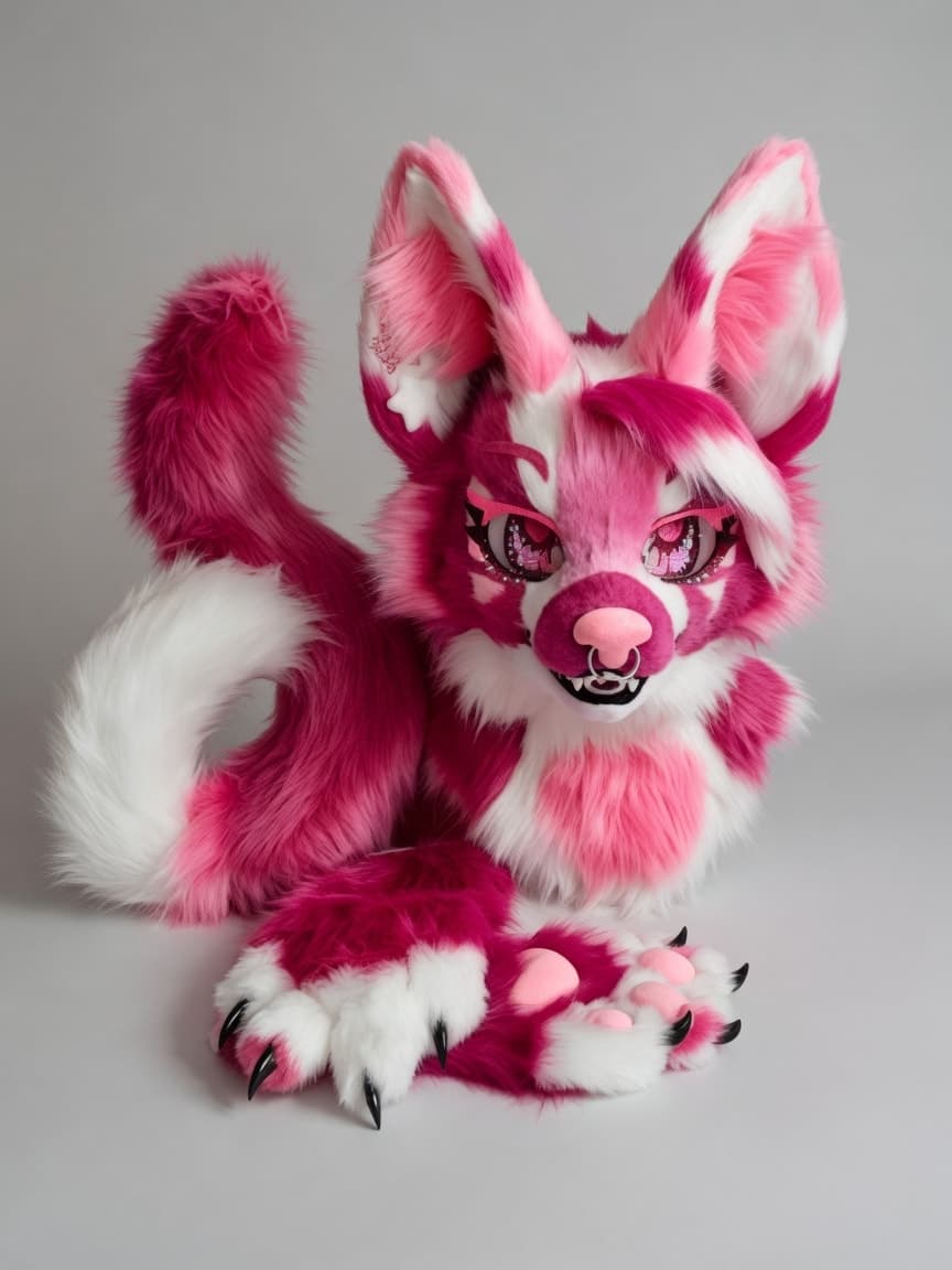 Magenta and White Fox Fursuit with Patterned Eyes