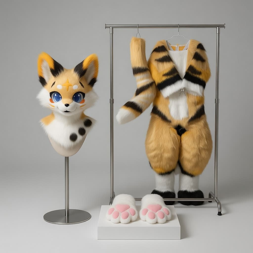 Golden Tiger-Striped Fox Full Fursuit with Spotted Chest