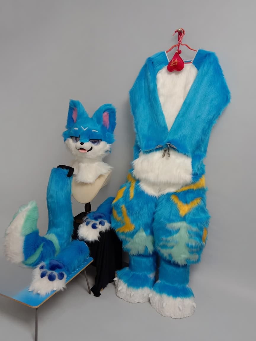 Cyan and Gold Wolf Full Fursuit with Mint Tail