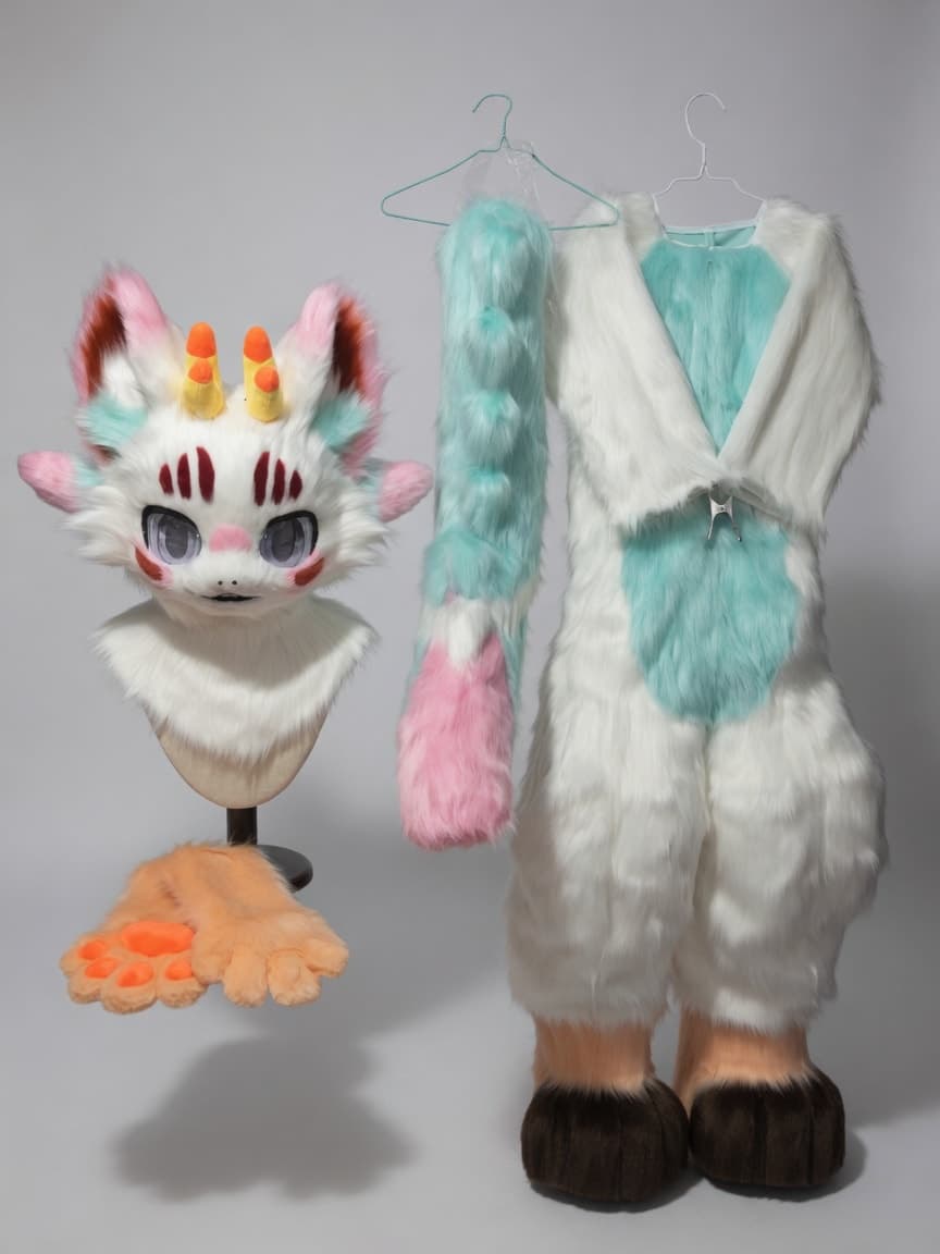 White and Mint Kemono Full Fursuit with Horns and Pink Tail