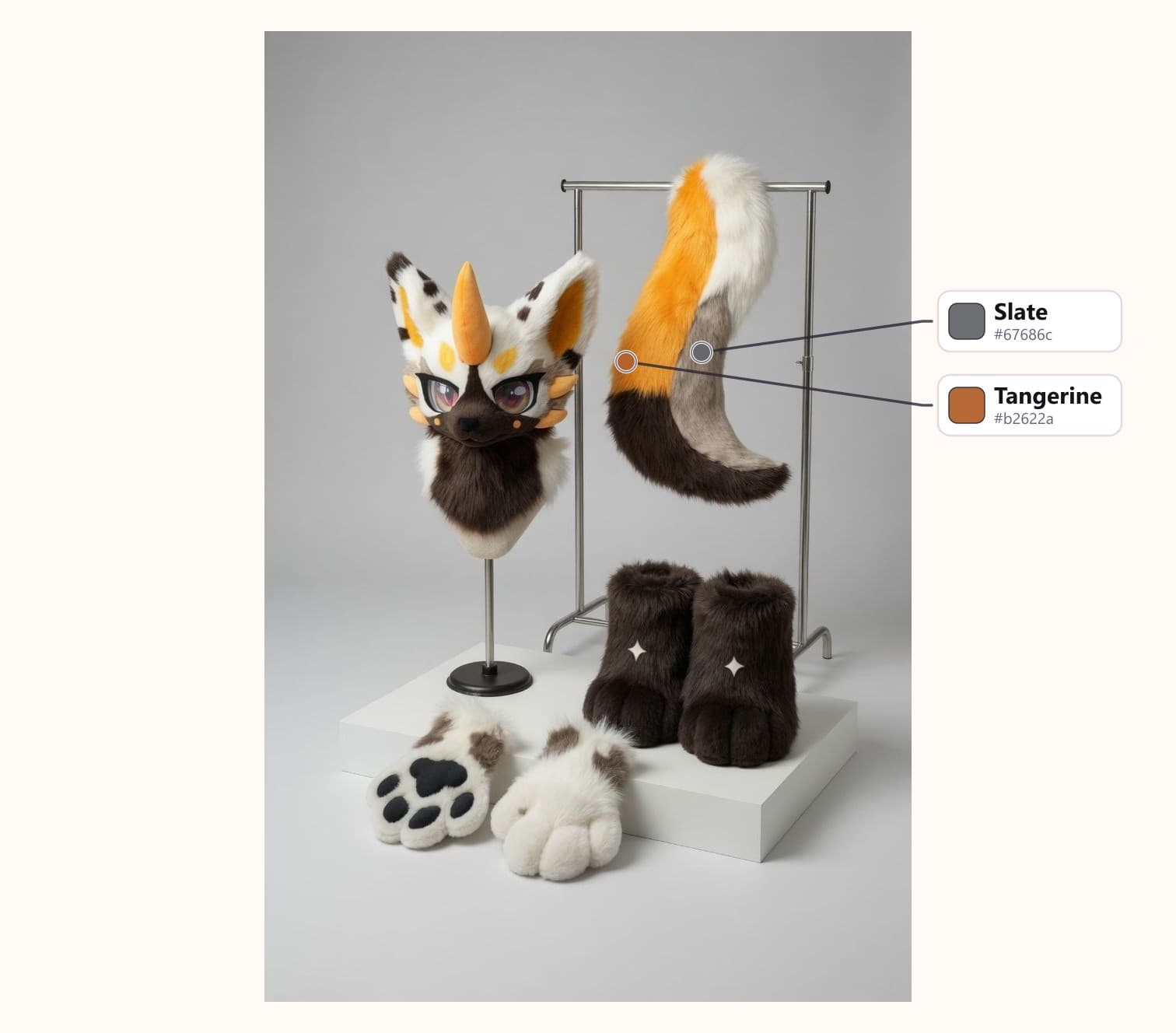 Chestnut Beast Fursuit with Gold Horns with its fur colors labelled: Tangerine, Slate