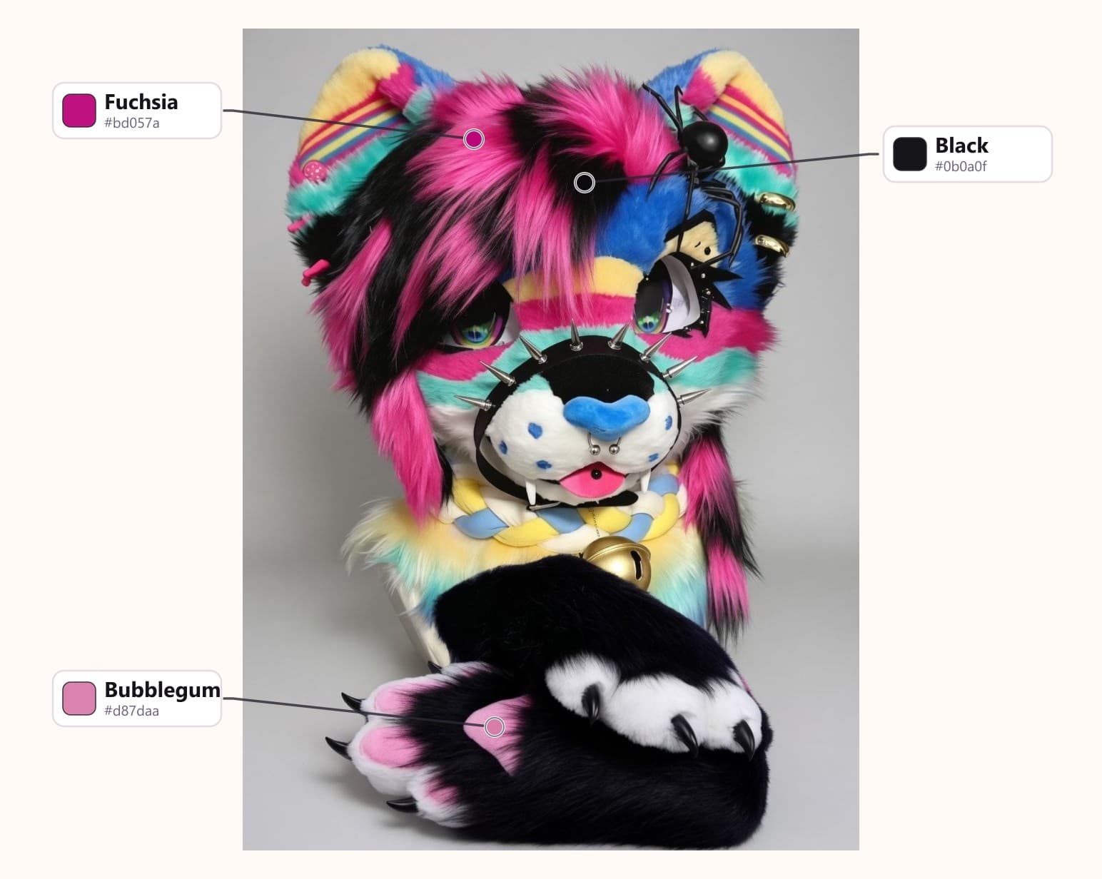 Rainbow Scene Fursuit Head and Handpaws with Bell Collar with its fur colors labelled: Black, Bubblegum, Fuchsia