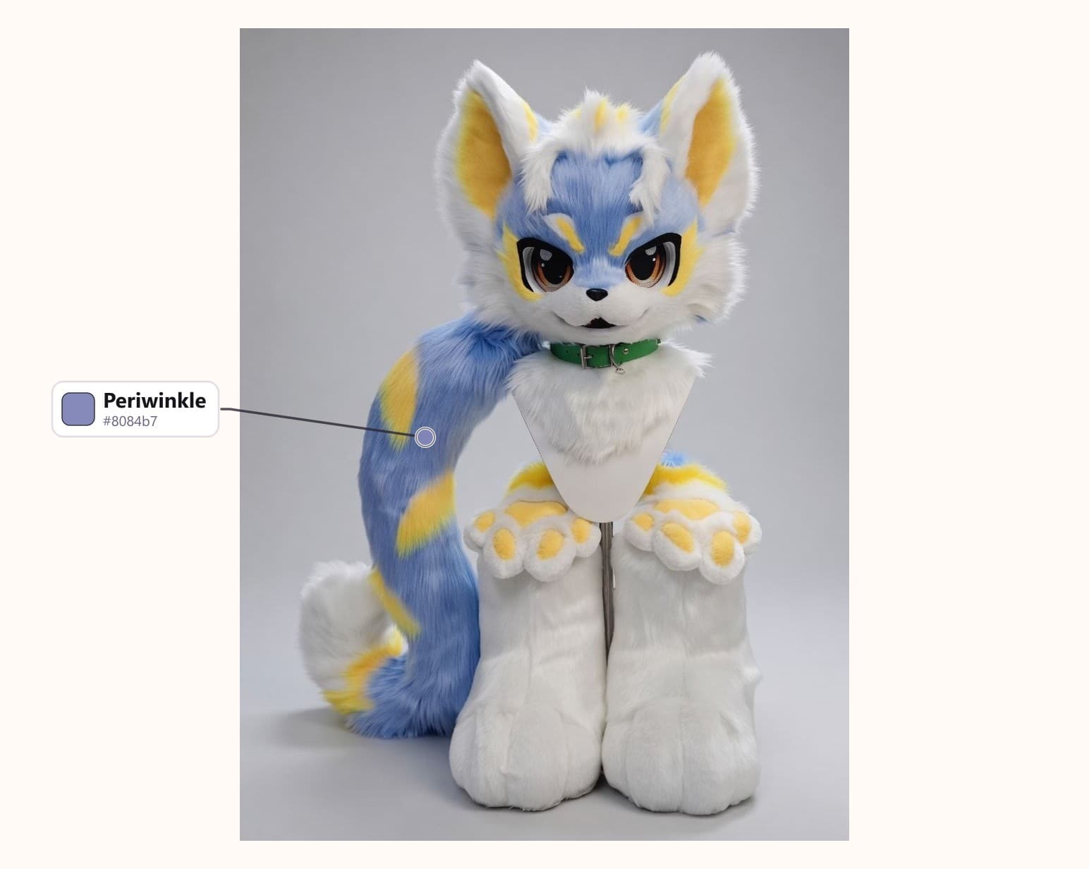 Periwinkle and Yellow Cat Partial Fursuit with Green Collar with its fur colors labelled: Periwinkle