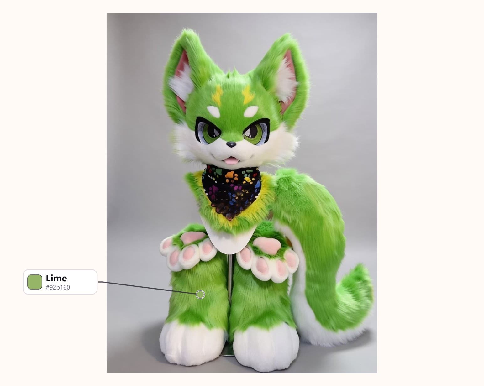 Bright Green Fox Fursuit with Patterned Bandana with its fur colors labelled: Lime
