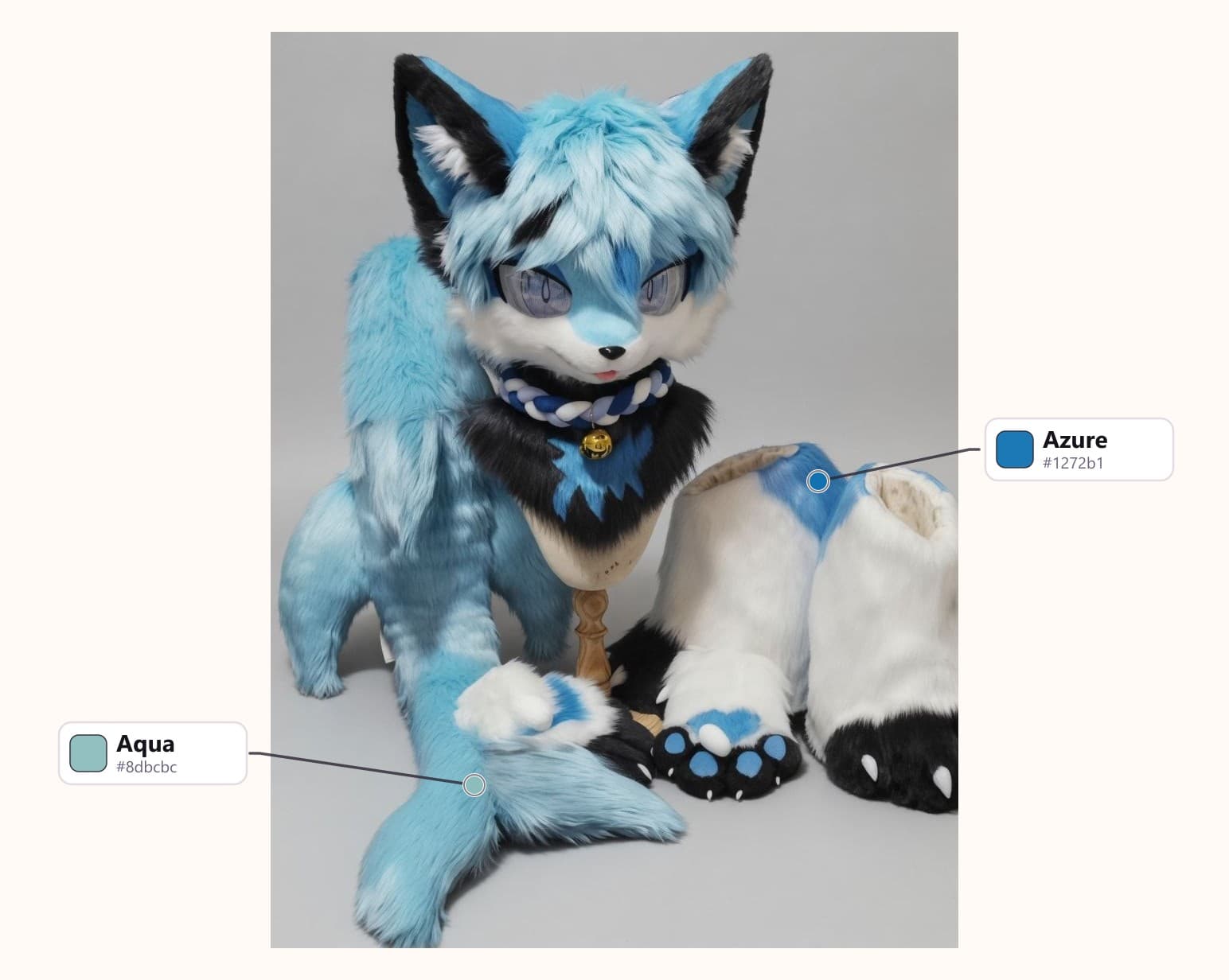 Ice Blue Wolf Fursuit with Braided Bell Collar with its fur colors labelled: Aqua, Azure