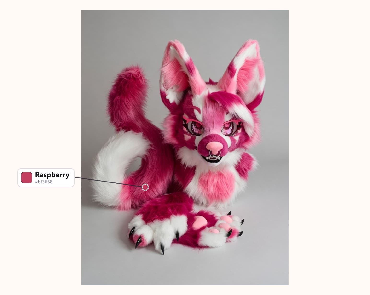 Magenta and White Fox Fursuit with Patterned Eyes with its fur colors labelled: Raspberry