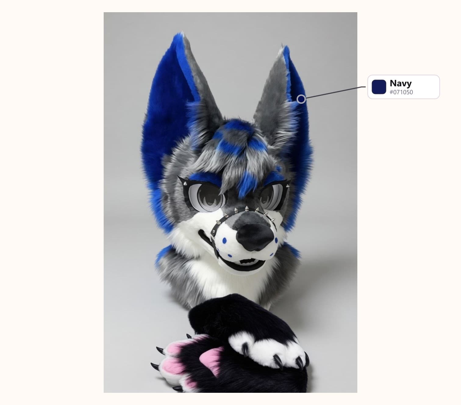 Blue and Grey Wolf Fursuit Head and Handpaws with Spiked Collar with its fur colors labelled: Navy