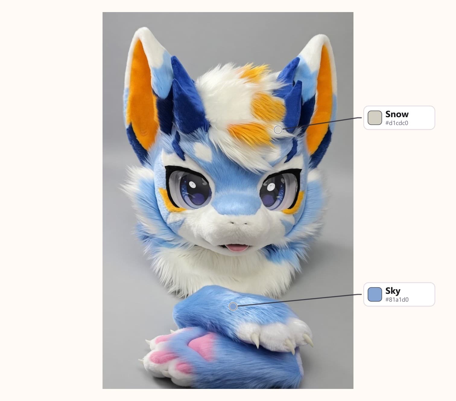 Blue and Orange Fox Fursuit Head and Handpaws with Violet Eyes with its fur colors labelled: Sky, Snow