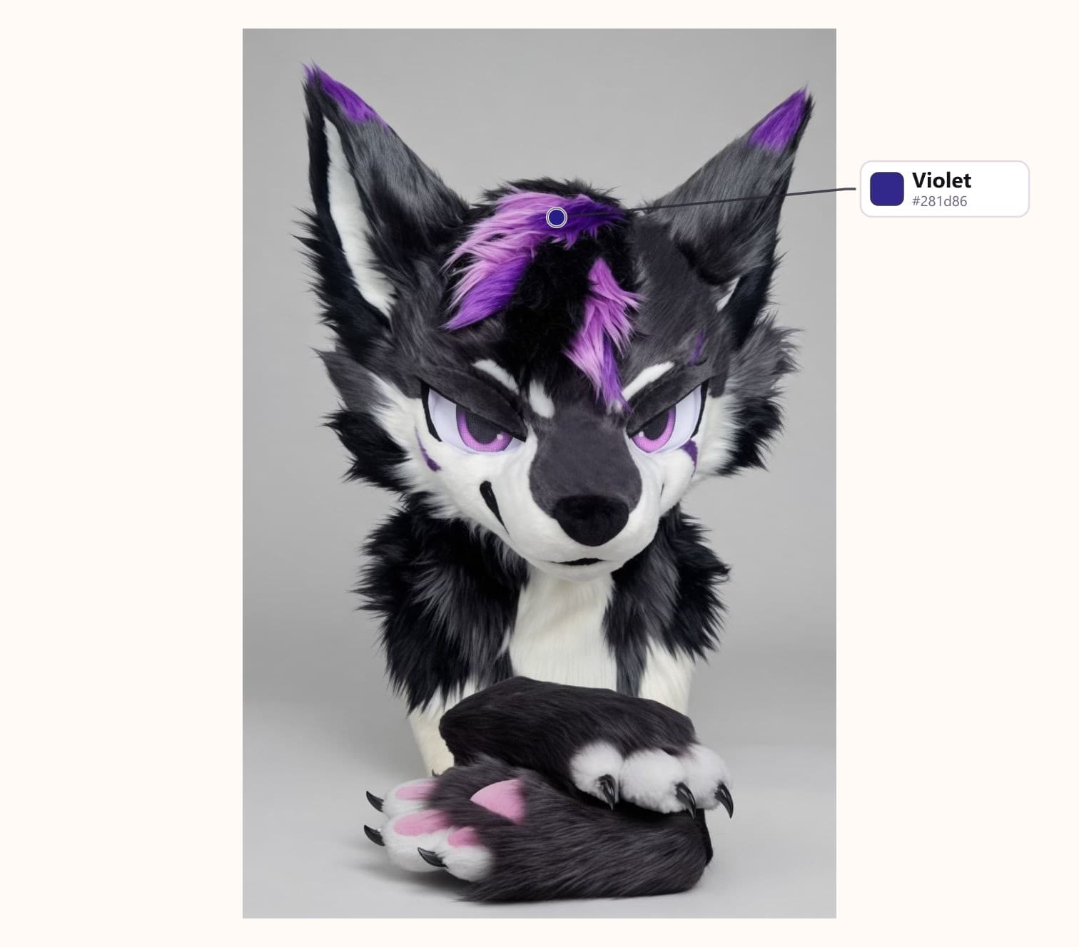 Black and White Wolf Fursuit Head and Handpaws with Violet Mane with its fur colors labelled: Violet