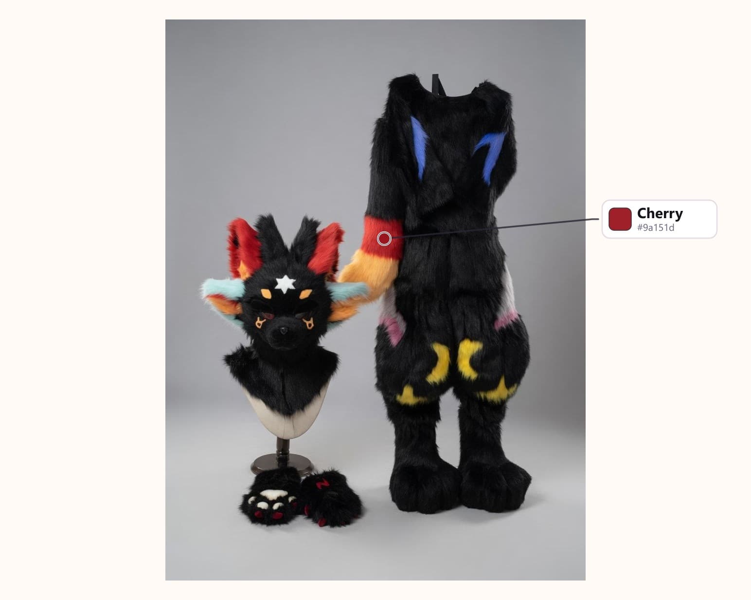 Black and Red Wolf Full Fursuit with Star Marking with its fur colors labelled: Cherry