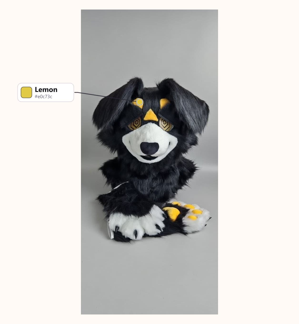 Black and Gold Wolf Fursuit Head and Handpaws with Geometric Markings with its fur colors labelled: Lemon