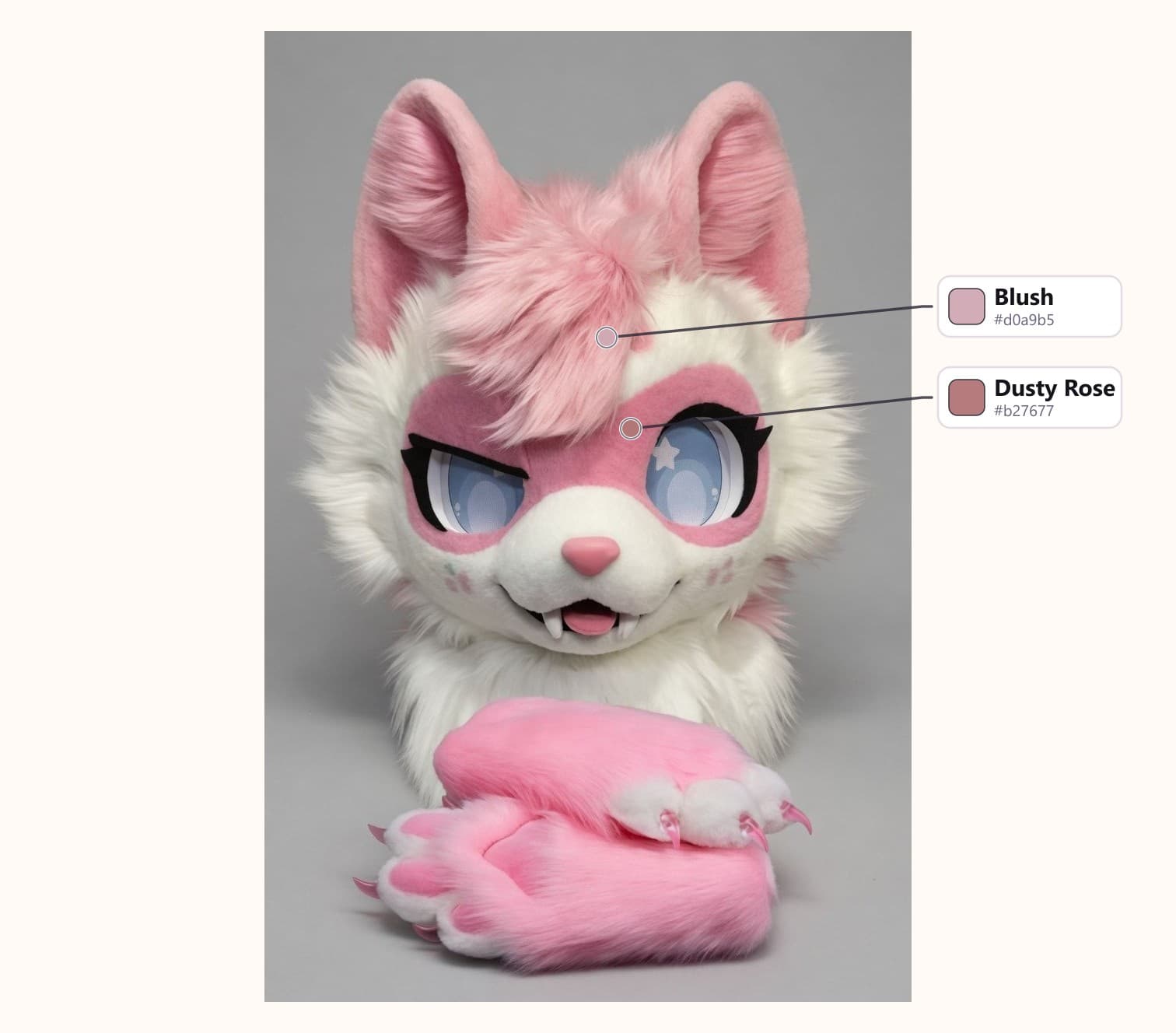 Pink and Cream Cat Fursuit Head and Handpaws with Star Eyes with its fur colors labelled: Dusty Rose, Blush