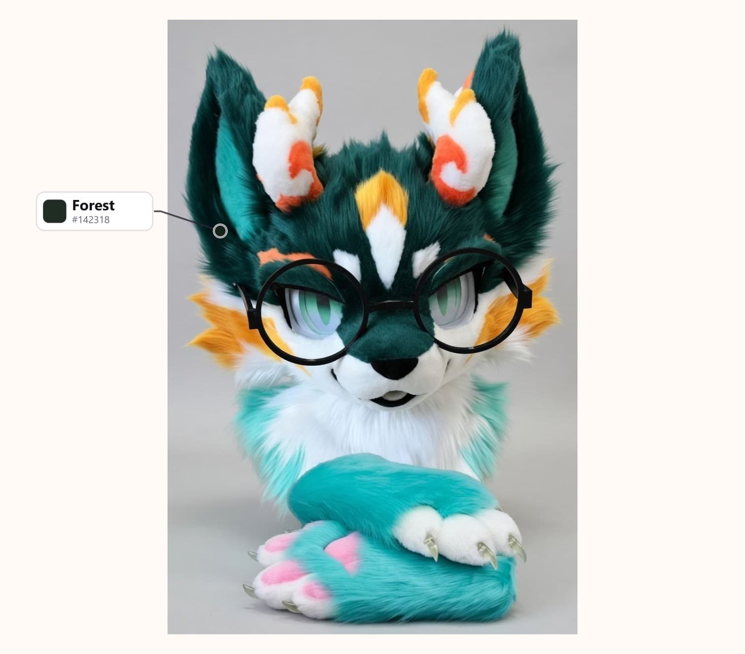 Teal Fox Fursuit Head and Handpaws with Round Glasses with its fur colors labelled: Forest