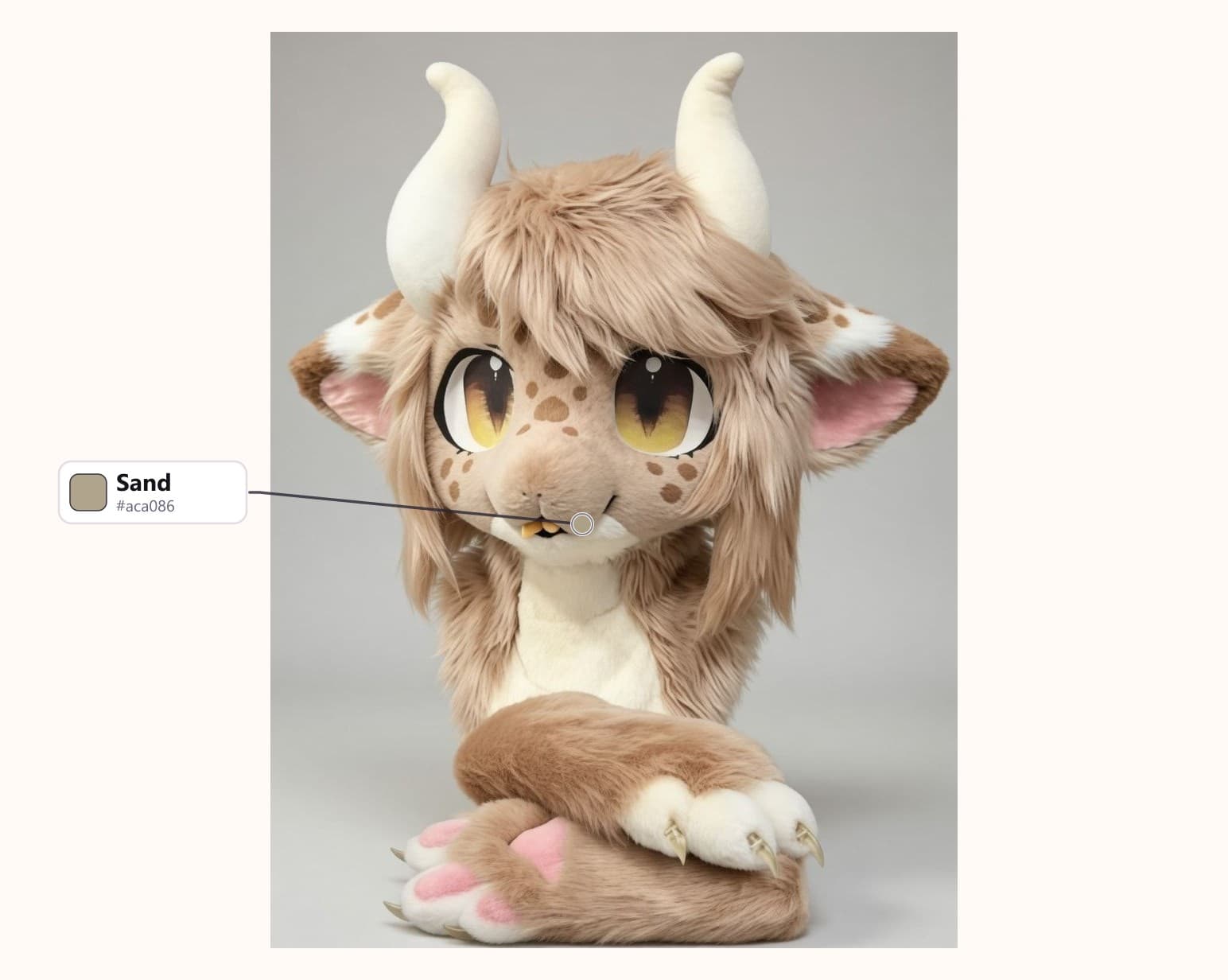 Spotted Serval Fursuit Head and Handpaws with Amber Eyes with its fur colors labelled: Sand
