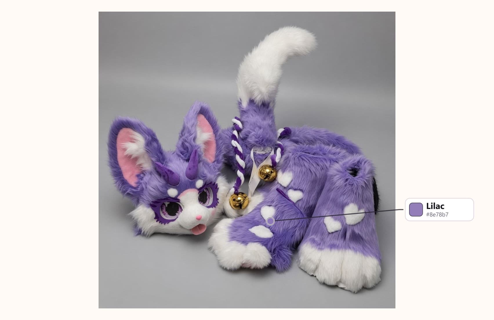 Lavender Fox Fursuit with Spiral Horns and Bells with its fur colors labelled: Lilac