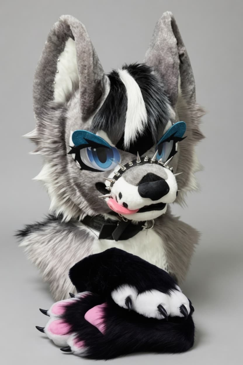 Grey Wolf Fursuit Head and Handpaws with Muzzle Strap