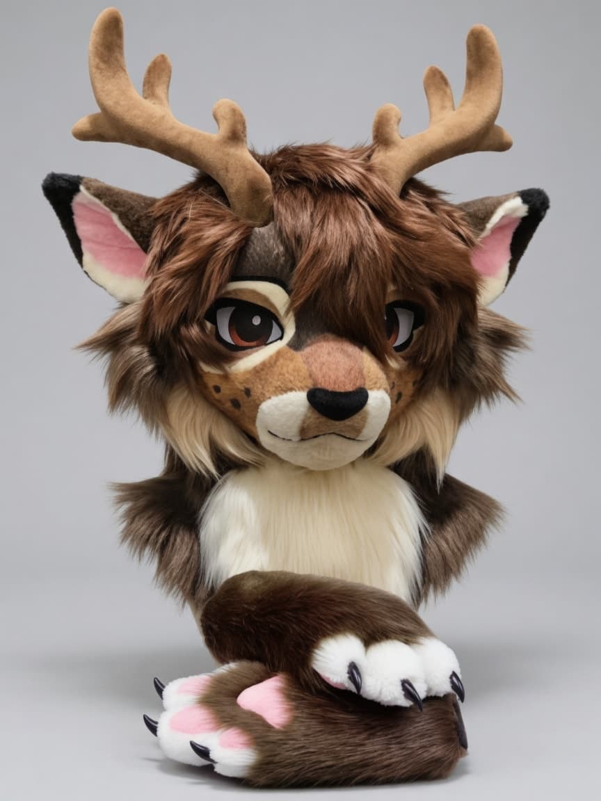 Photograph of the finished Brown Stag Fursuit Head and Handpaws with Antlers