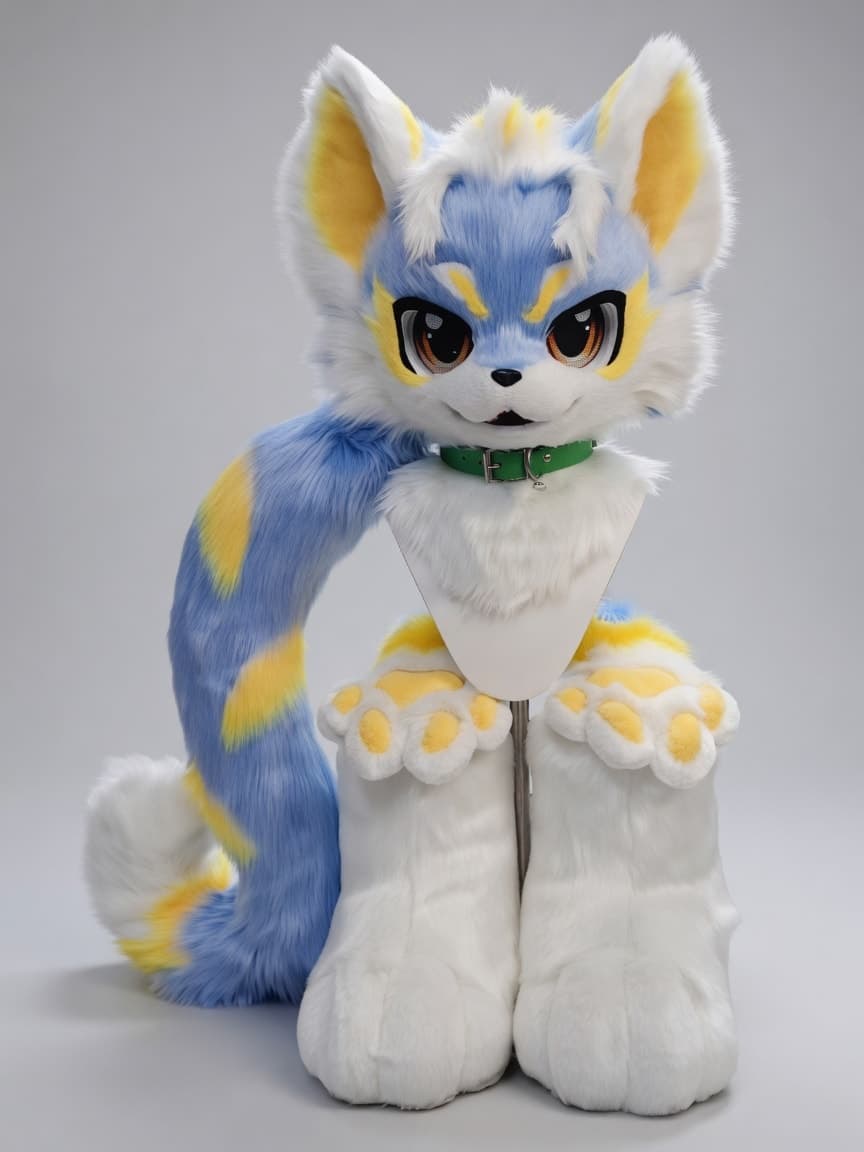 Periwinkle and Yellow Cat Partial Fursuit with Green Collar