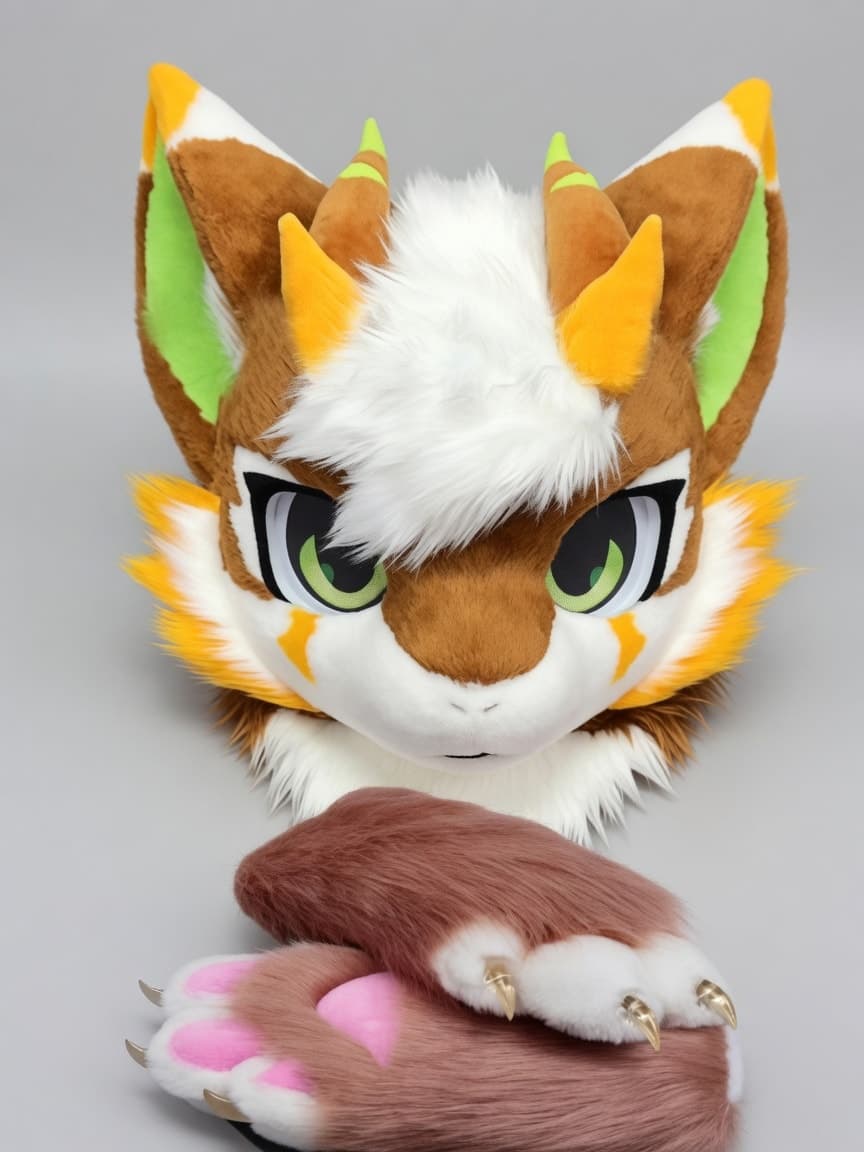 Brown and Orange Fox Fursuit Head and Handpaws with Horns