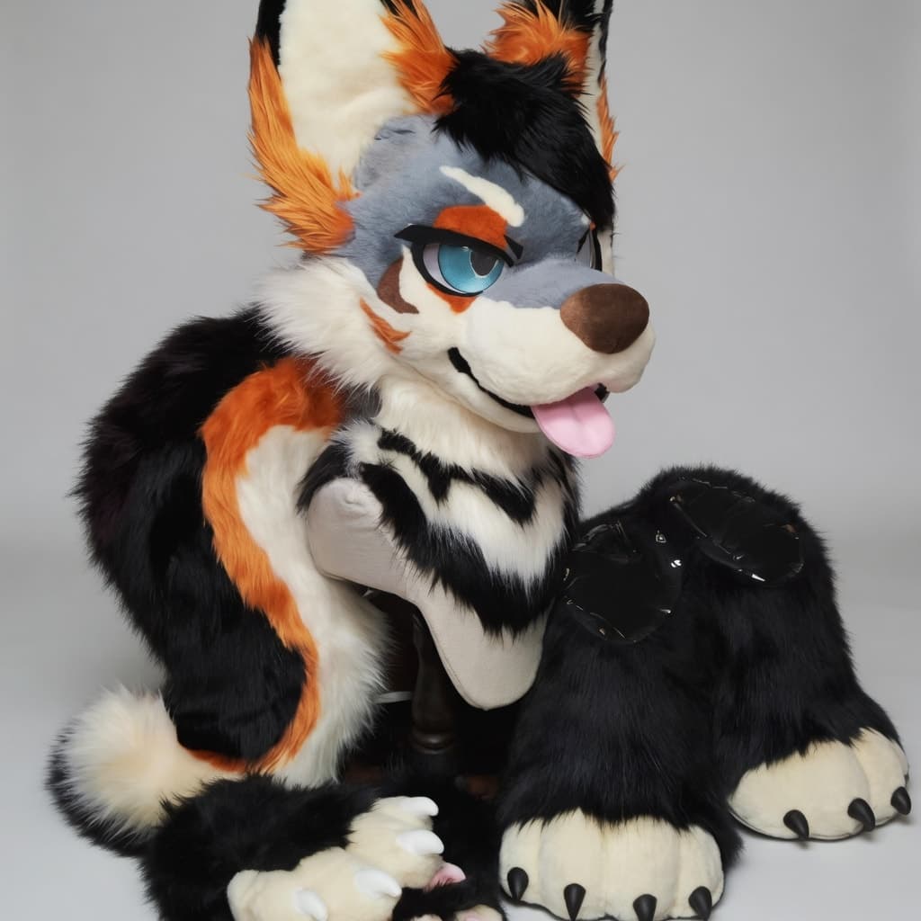 Photograph of the finished Black Orange and Grey Husky Partial Fursuit with Tail