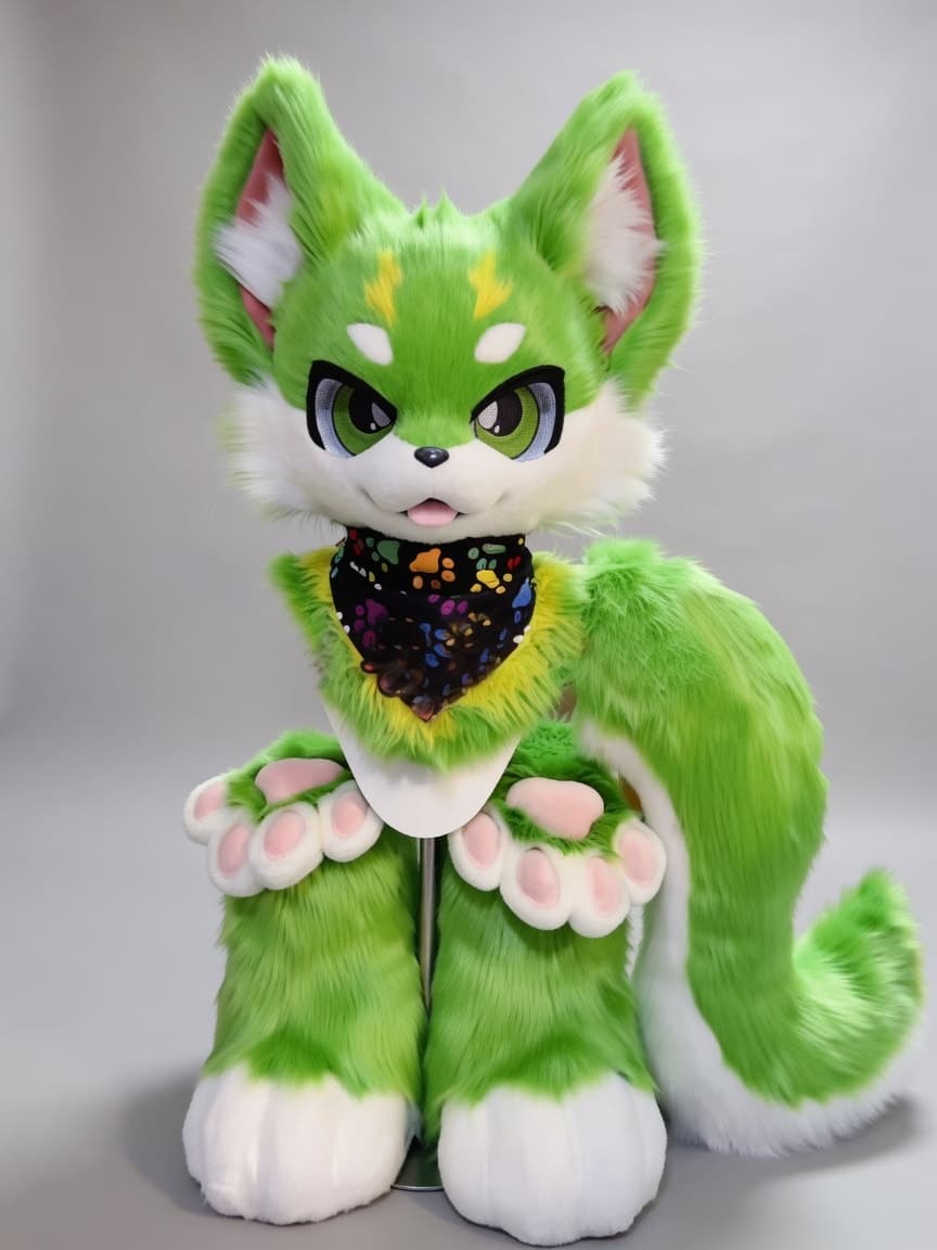 Bright Green Fox Fursuit with Patterned Bandana