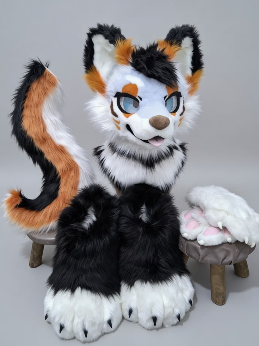 Black Orange and White Calico Fursuit with Blue Eyes