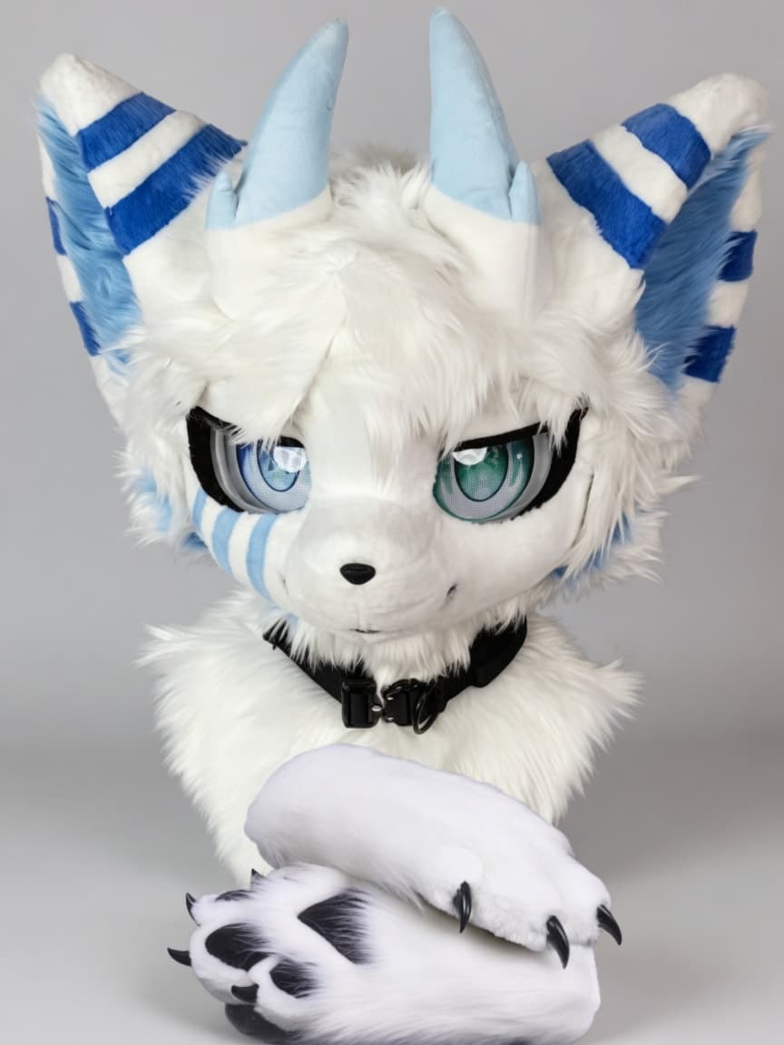 Photograph of the finished White and Blue Dragon Fursuit Head and Handpaws with Horns