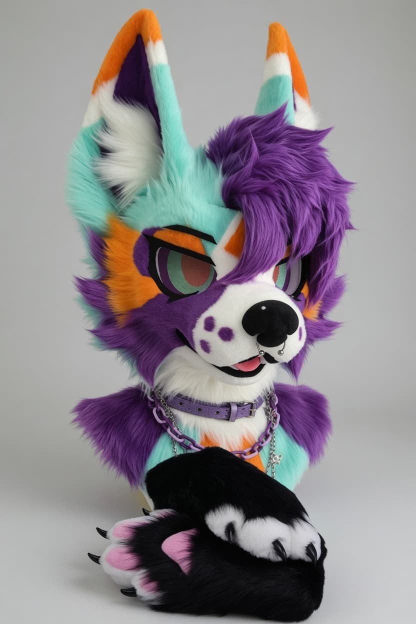 Violet and Mint Wolf Fursuit Head and Handpaws with Studded Collar