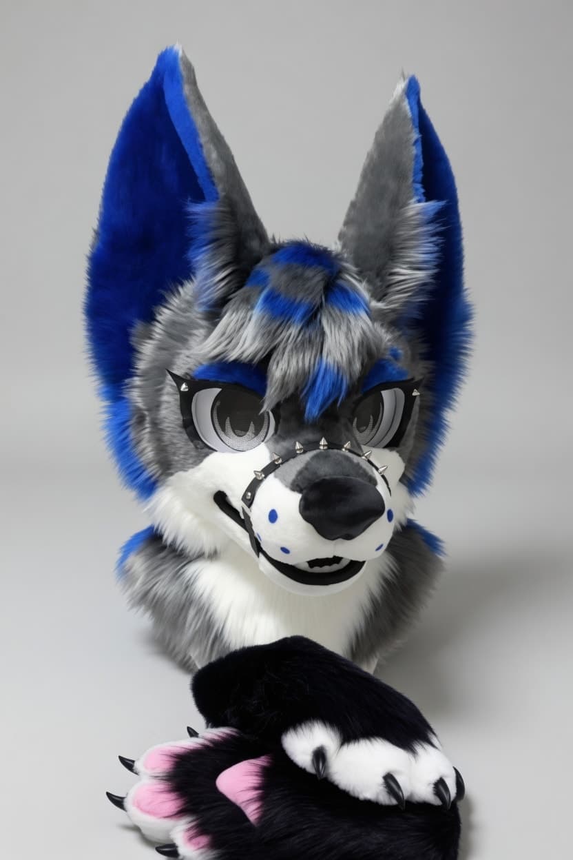 Blue and Grey Wolf Fursuit Head and Handpaws with Spiked Collar