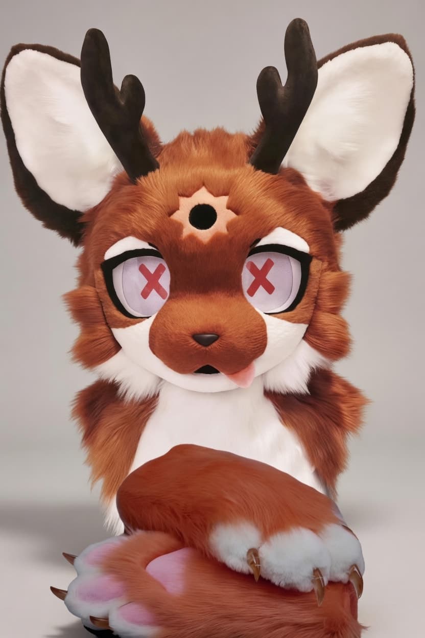 Rust Deer Fursuit Head and Handpaws with Antlers and X Eyes