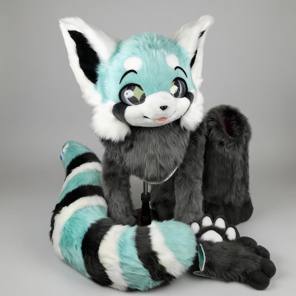 Mint and Charcoal Fox Partial Fursuit with Ringed Tail