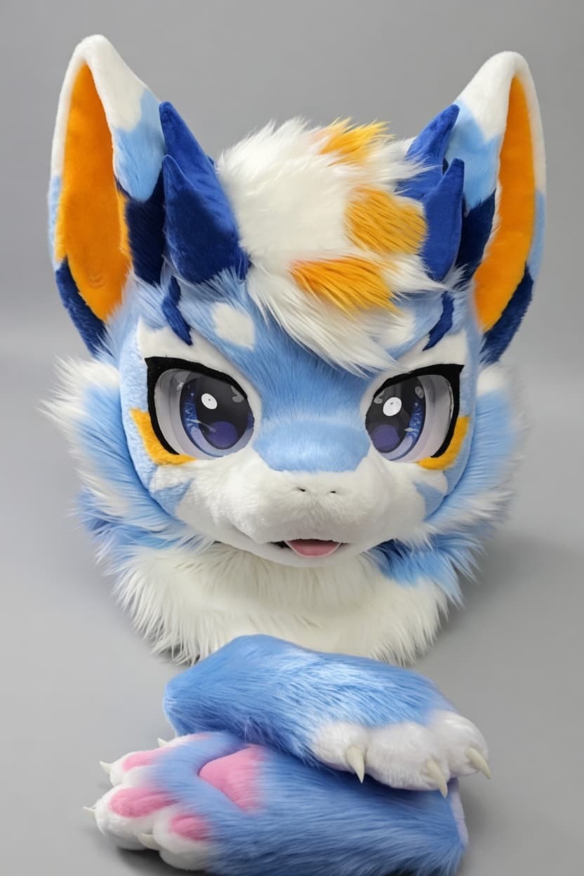 Photograph of the finished Blue and Orange Fox Fursuit Head and Handpaws with Violet Eyes