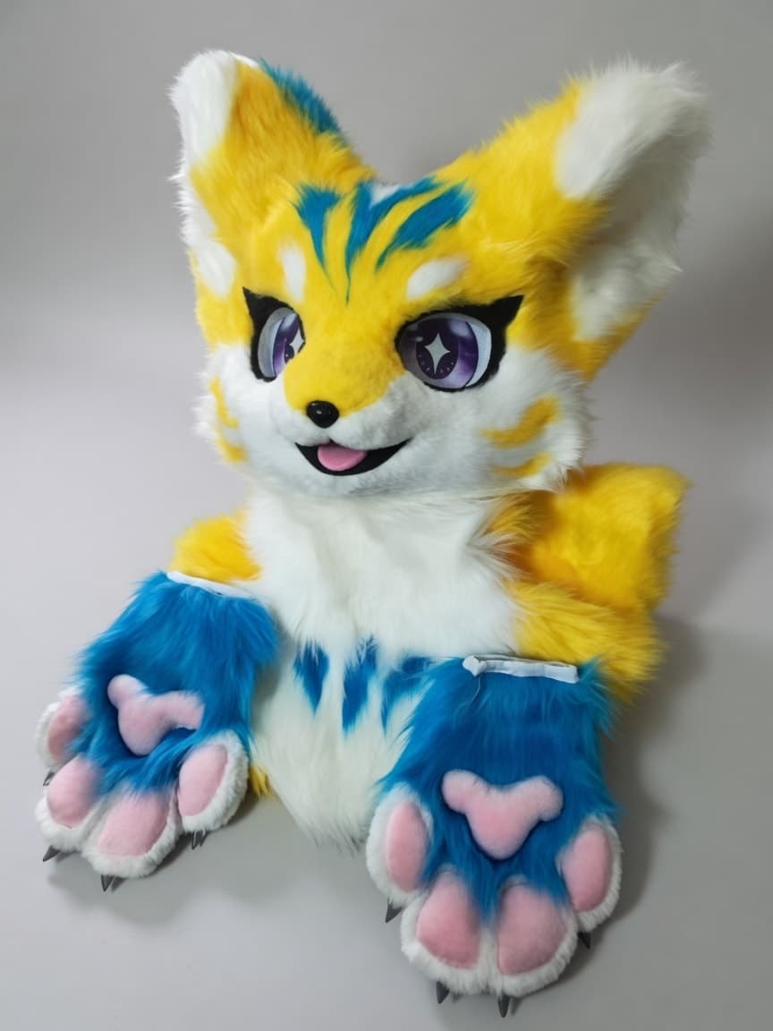 Yellow and Blue Tiger Fursuit Head and Handpaws with Heart Pads