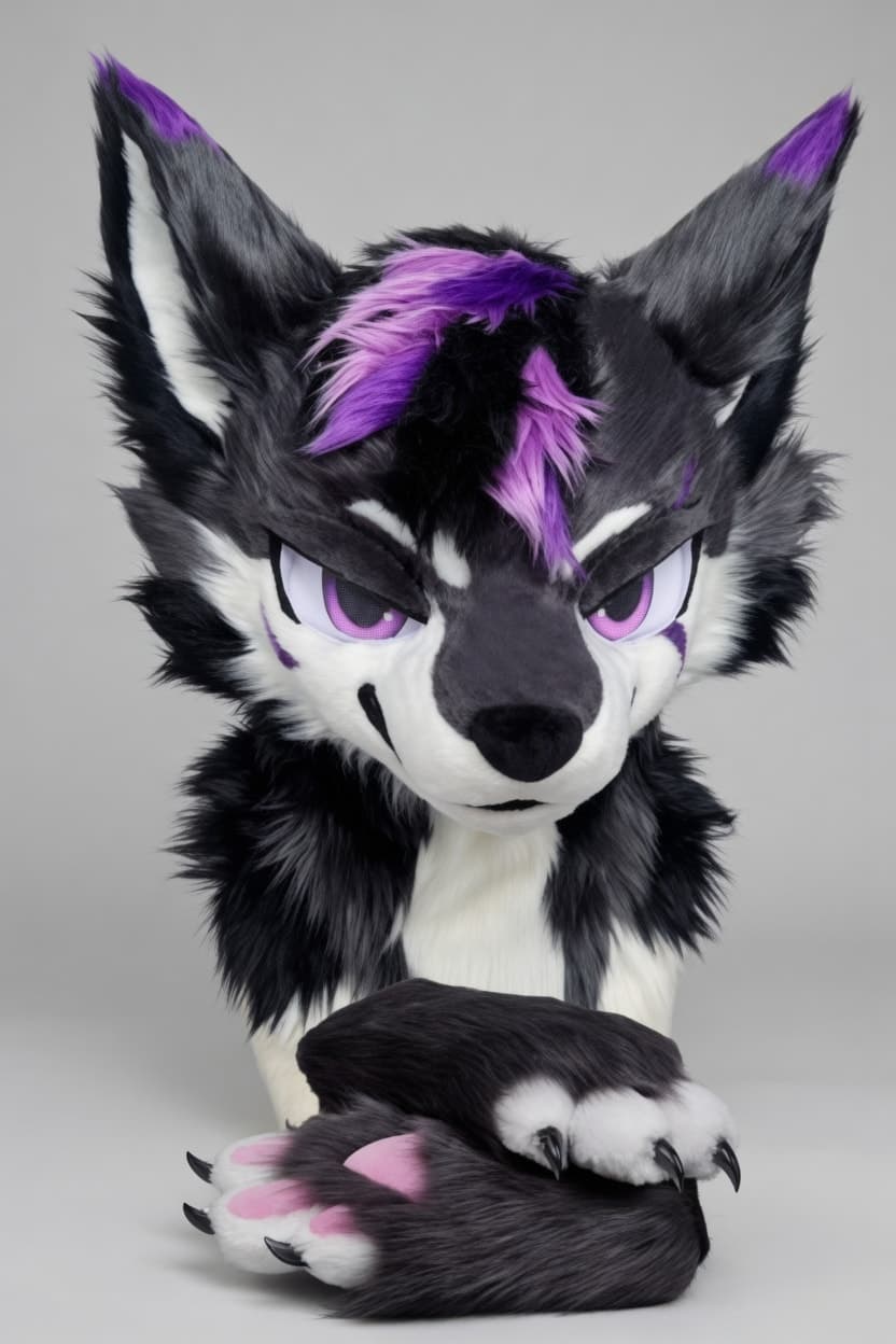 Black and White Wolf Fursuit Head and Handpaws with Violet Mane
