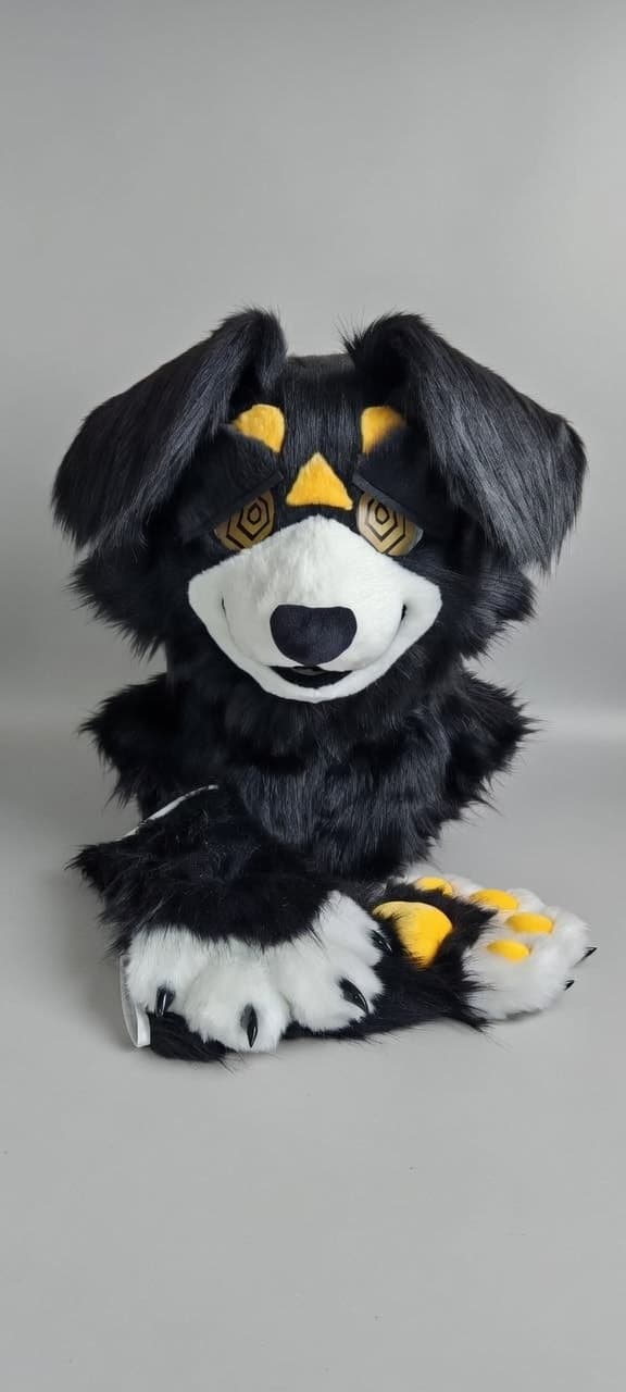 Black and Gold Wolf Fursuit Head and Handpaws with Geometric Markings