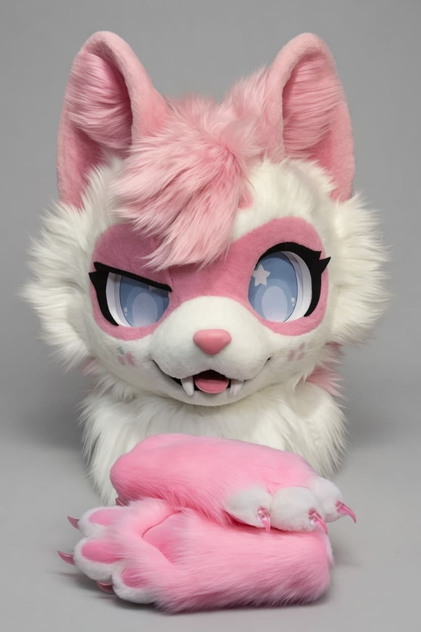 Pink and Cream Cat Fursuit Head and Handpaws with Star Eyes