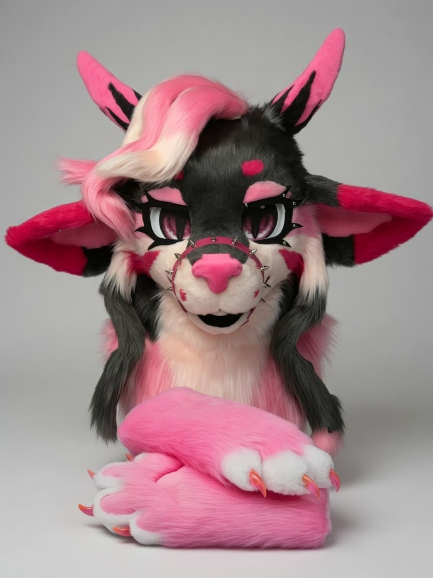 Photograph of the finished Grey and Pink Wolf Fursuit Head and Handpaws with Nose Ring
