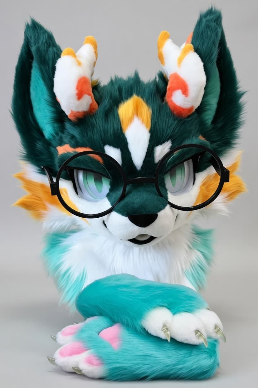 Teal Fox Fursuit Head and Handpaws with Round Glasses