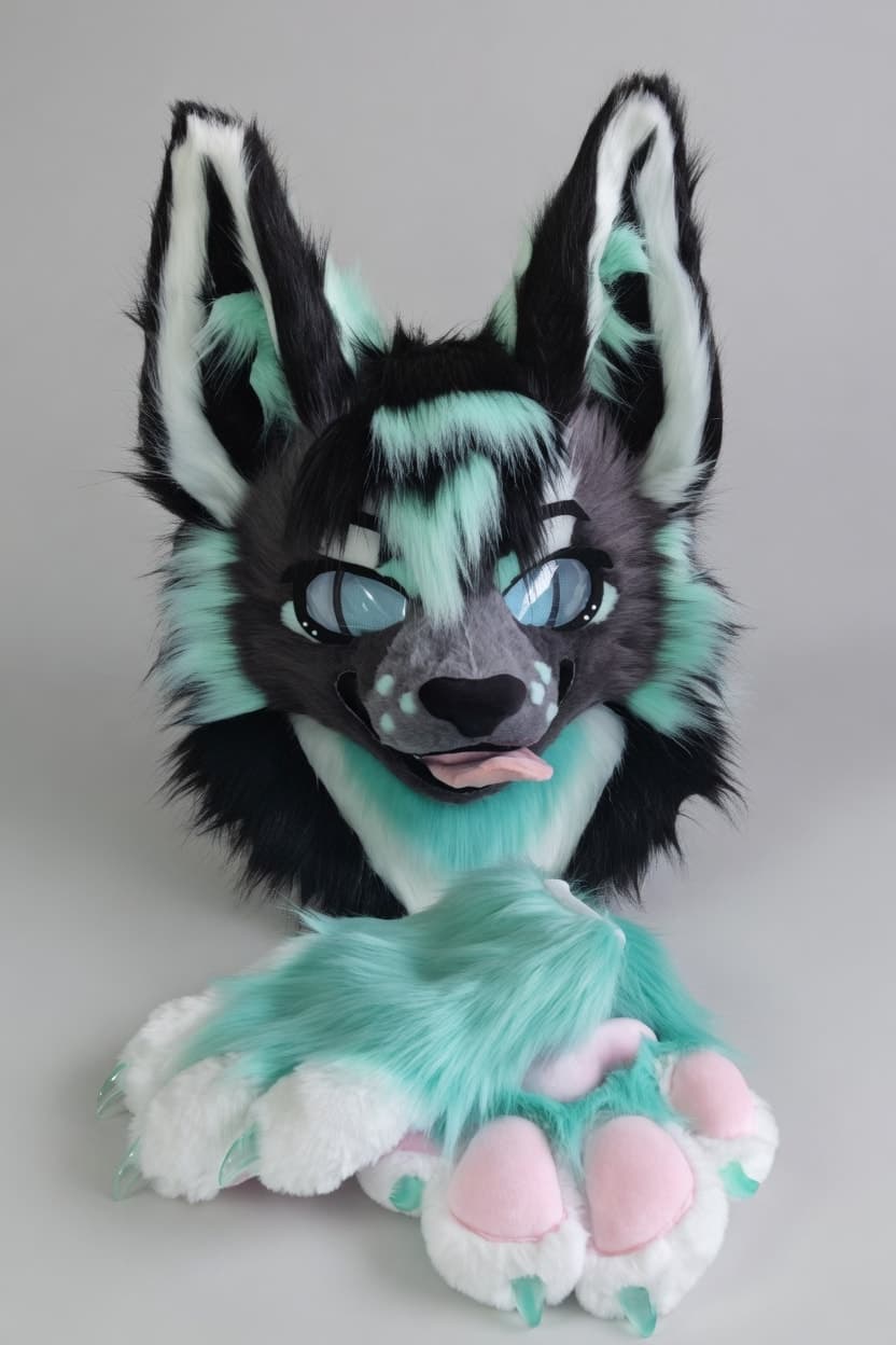 Photograph of the finished Charcoal and Mint Wolf Fursuit Head and Handpaws with Tongue Out