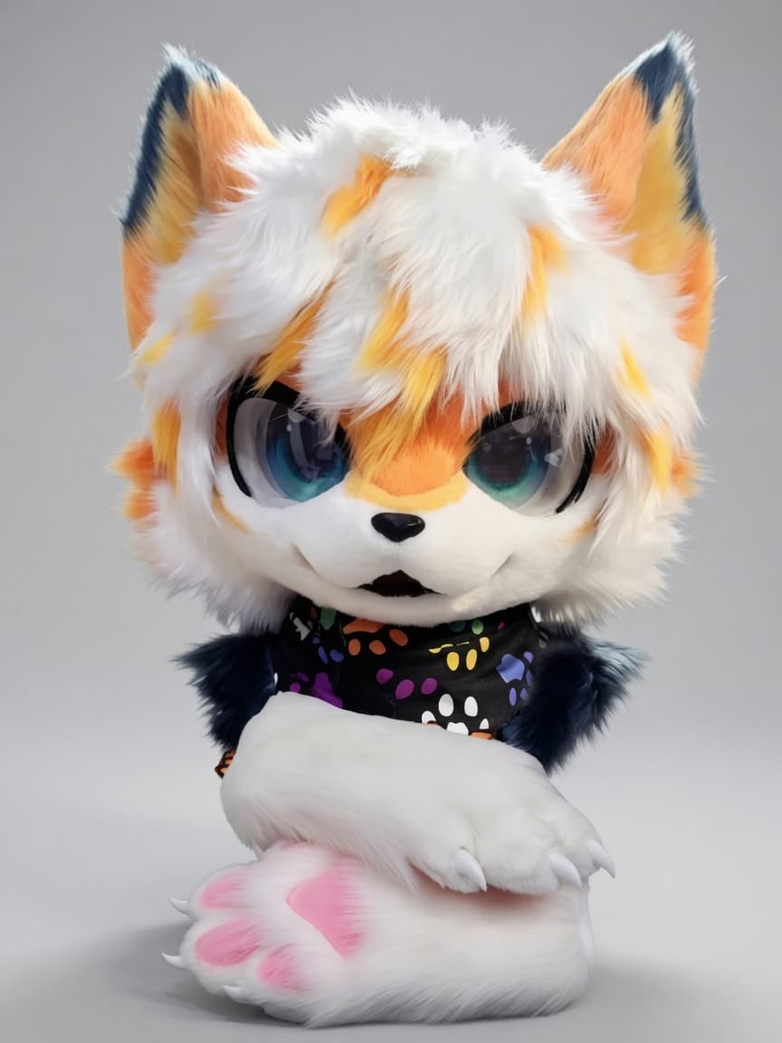 Cream and Orange Fox Fursuit Head and Handpaws with Confetti Bandana