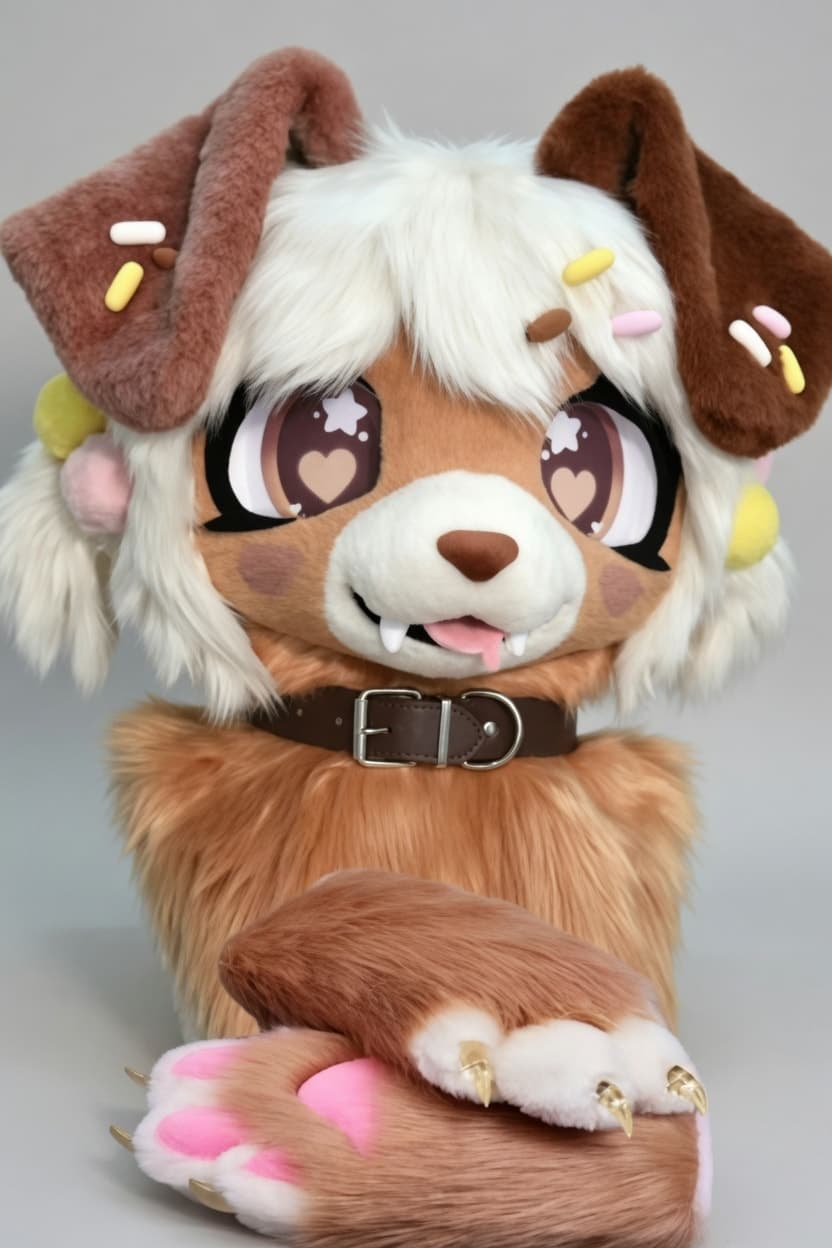 Brown and Cream Puppy Fursuit Head and Handpaws with Hair Clips