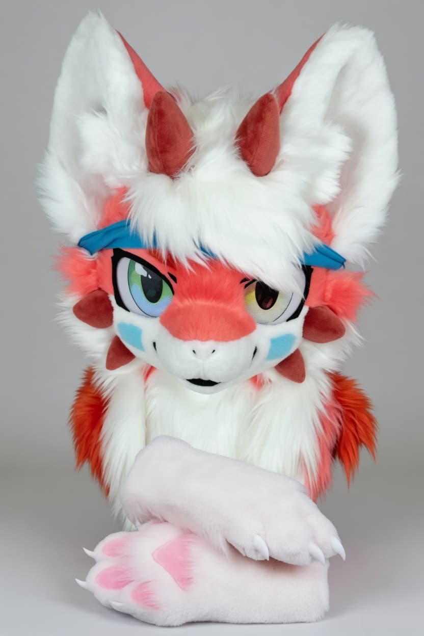 Photograph of the finished White and Coral Dragon Fursuit Head and Handpaws with Frills